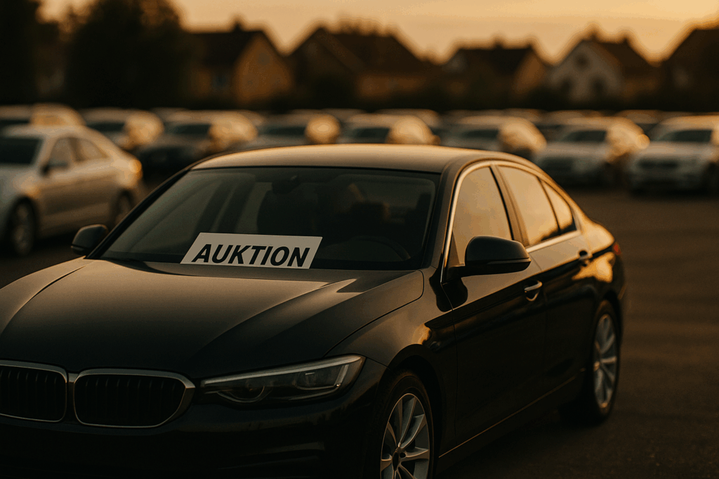 Svart begagnad bil utställd för auktion inför försäljning.